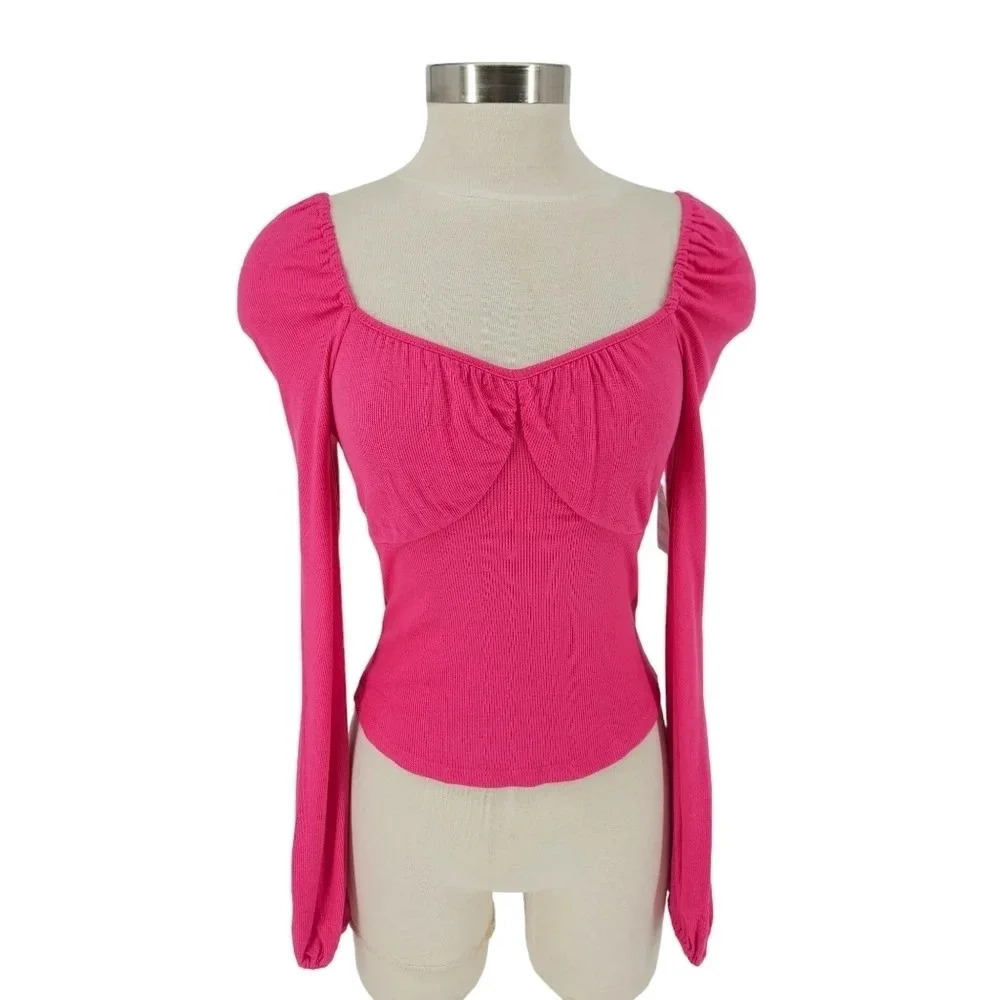 Bar III Shirt Barbie Magenta Pink Long Sleeve Stretch Rib Knit Crop Top